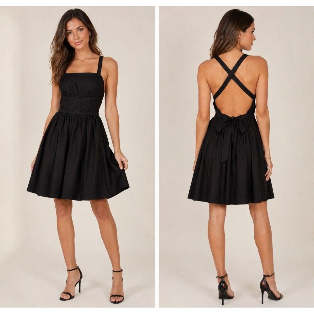 Halston Heritage NWT $425. Black Crisscross Strappy Back Cotton Silk Dress 2 LBD